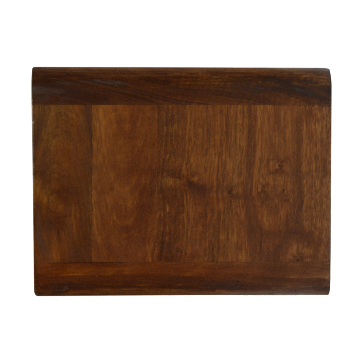 Side view of a wooden bedside table with a dark brown finish on a white background