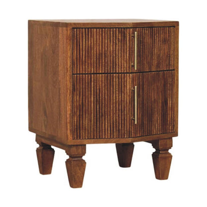 Wooden bedside table with two drawers on a white background