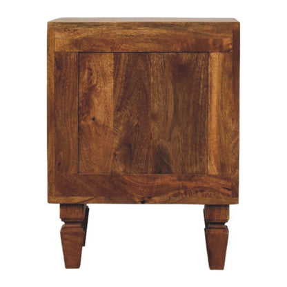 Wooden bedside table with a rustic finish on a white background