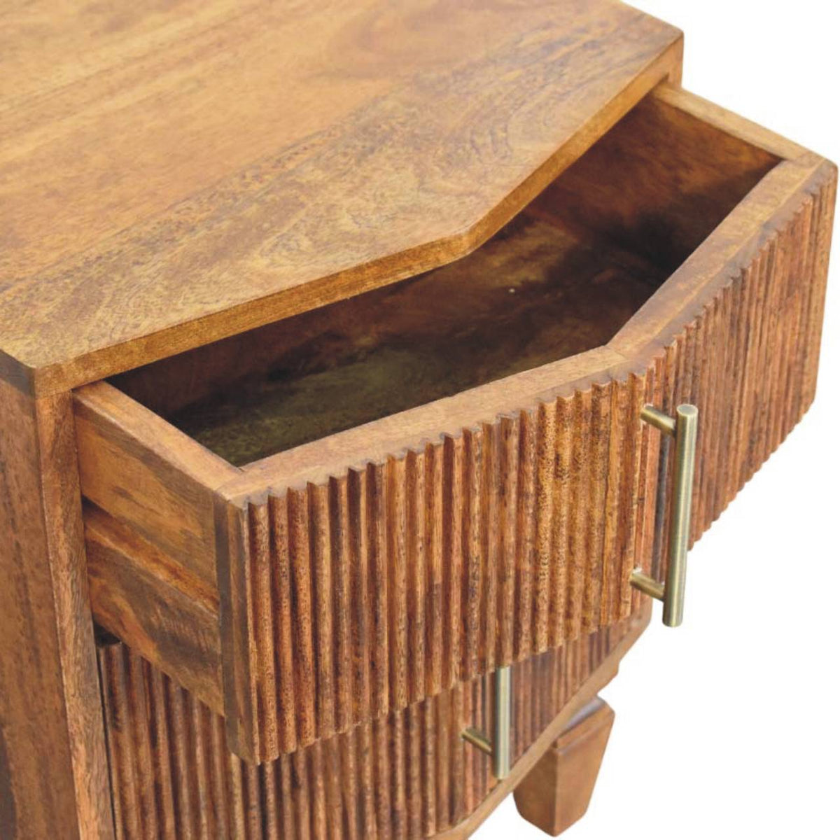 Wooden bedside table with a drawer and brass handle on a white background