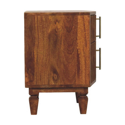 Wooden bedside table with a single drawer on a white background