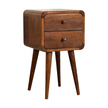 Wooden nightstand with two drawers on a white background