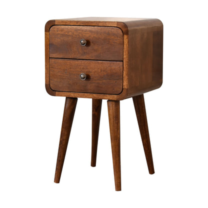 Wooden nightstand with two drawers on a white background