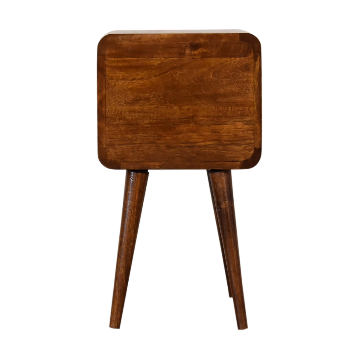 Back view of a wooden bedside table on a white background