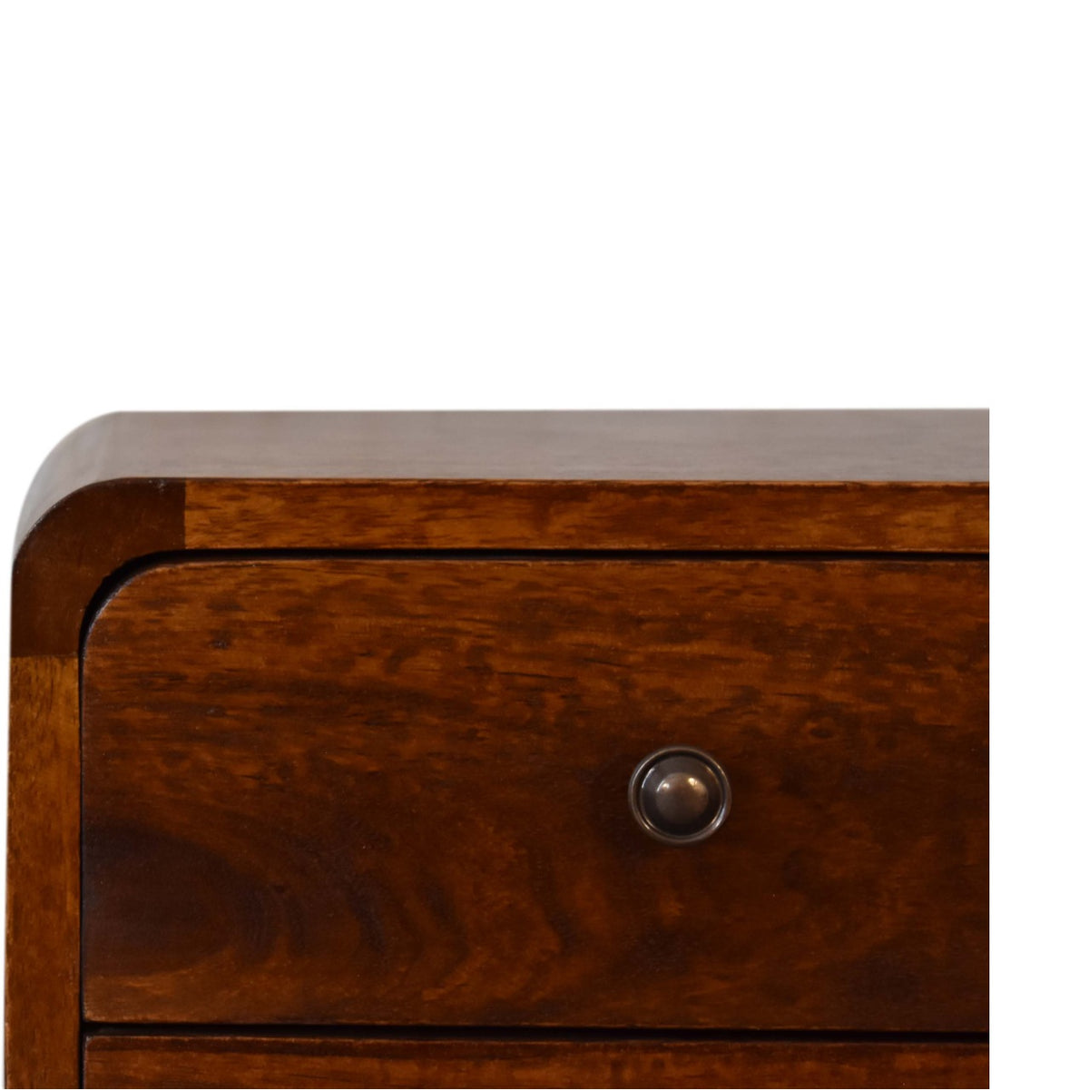 Wooden drawer with a metallic handle on a white background