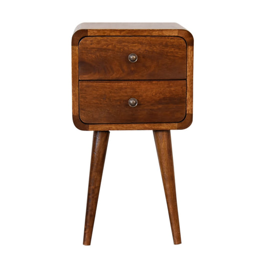 A wooden two-drawer nightstand on a white background