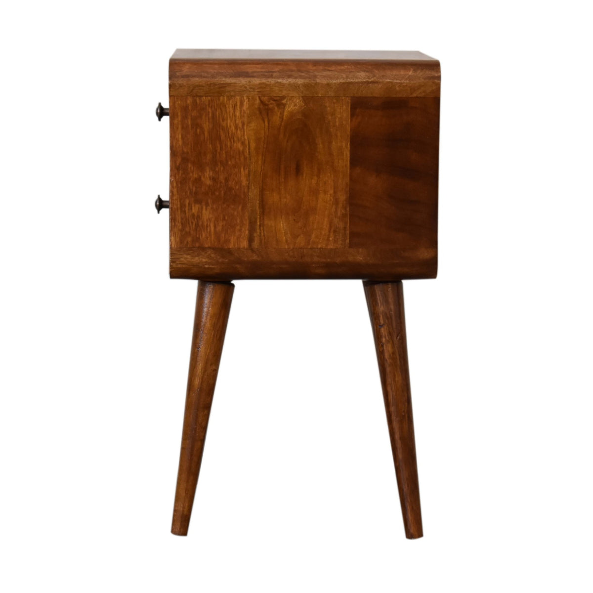 Wooden bedside table with two drawers on a white background