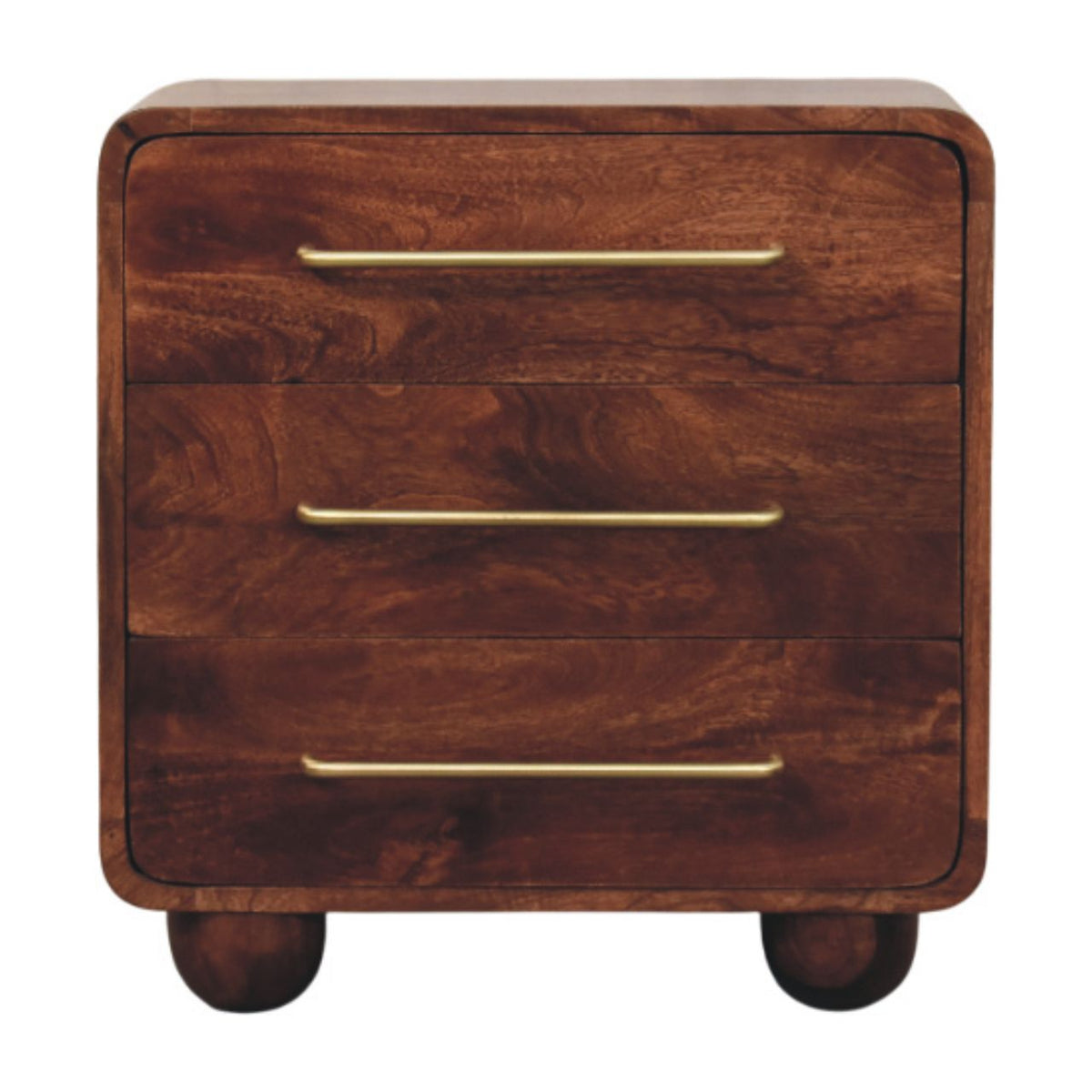 A wooden three-drawer chest in a warm medium brown finish on a white background