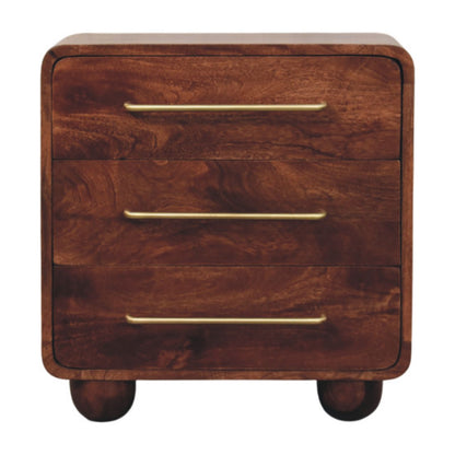 A wooden three-drawer chest in a warm medium brown finish on a white background
