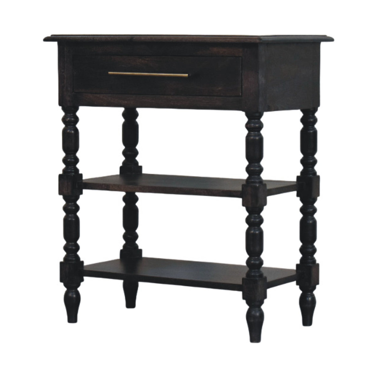 Angled left perspective of a carbon ash solid mango wood side table, highlighting its decorative turned legs and open shelving.