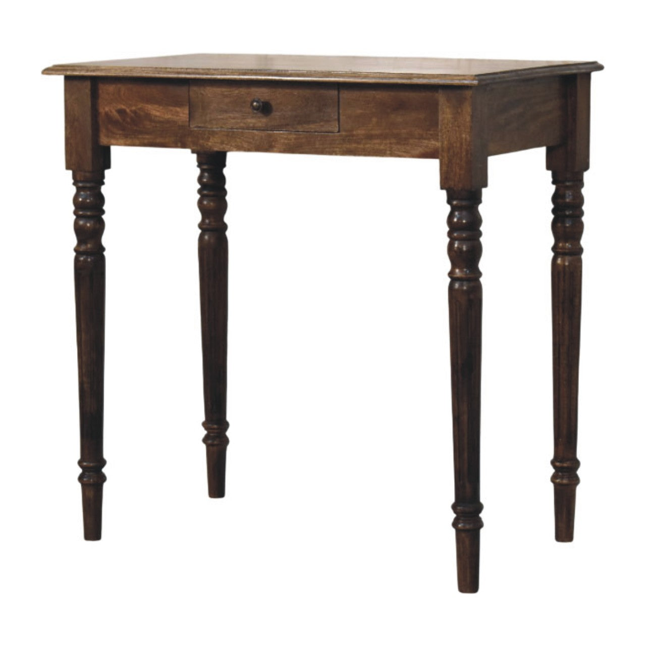 Turned-leg writing desk in solid mango wood, Classic Grey – right angle view