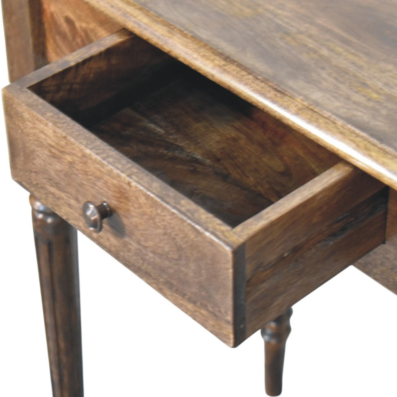 Turned-leg writing desk in solid mango wood, Classic Grey – drawer open, close-up upper right