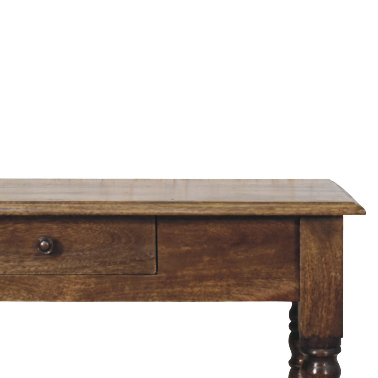 Turned-leg writing desk in solid mango wood, Classic Grey – front right view showing knob detail