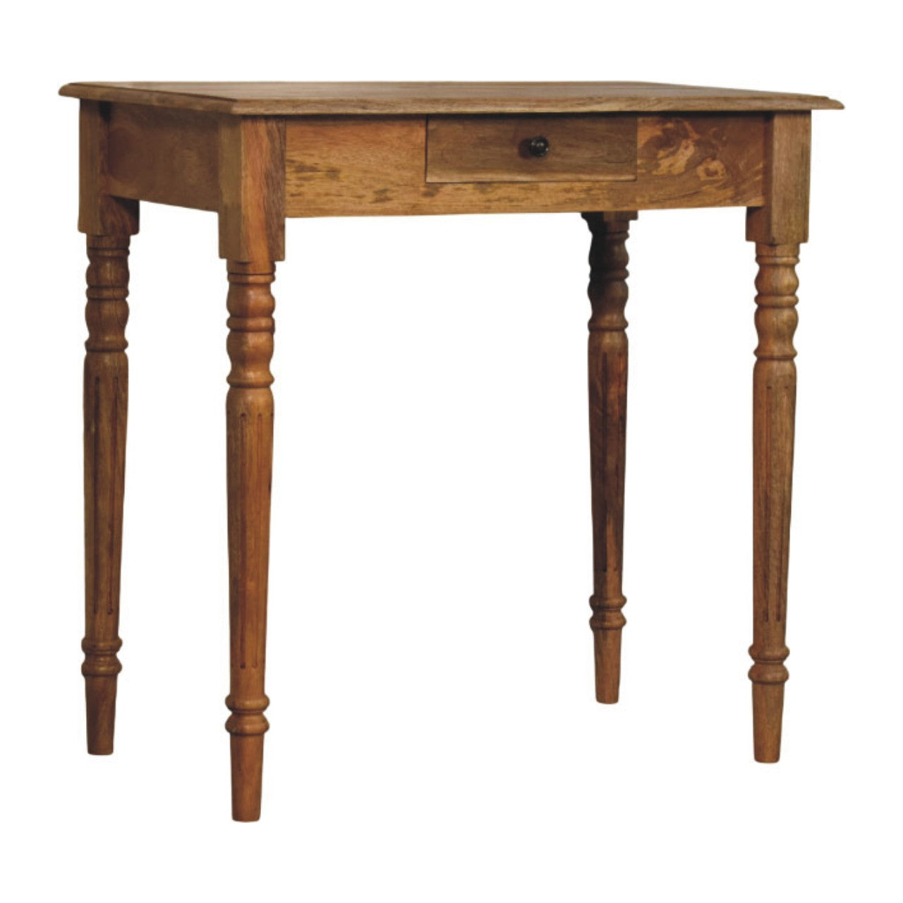 Turned-leg writing desk in solid mango wood, Oak finish – left angle view