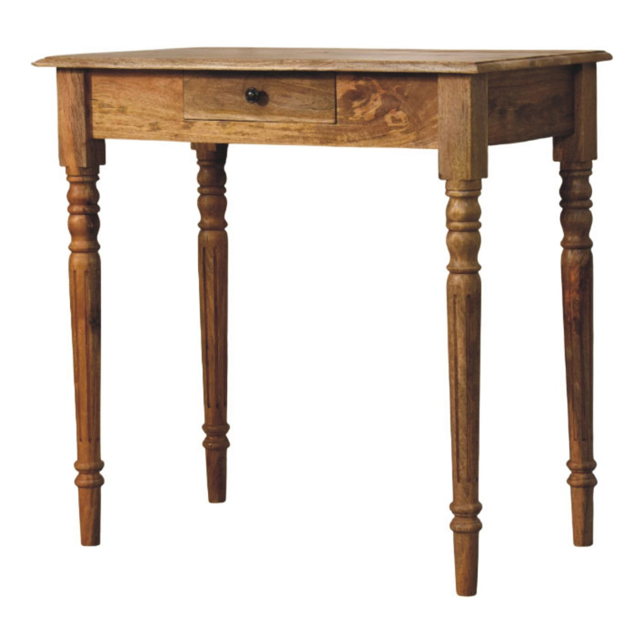 Turned-leg writing desk in solid mango wood, Oak finish – right angle view
