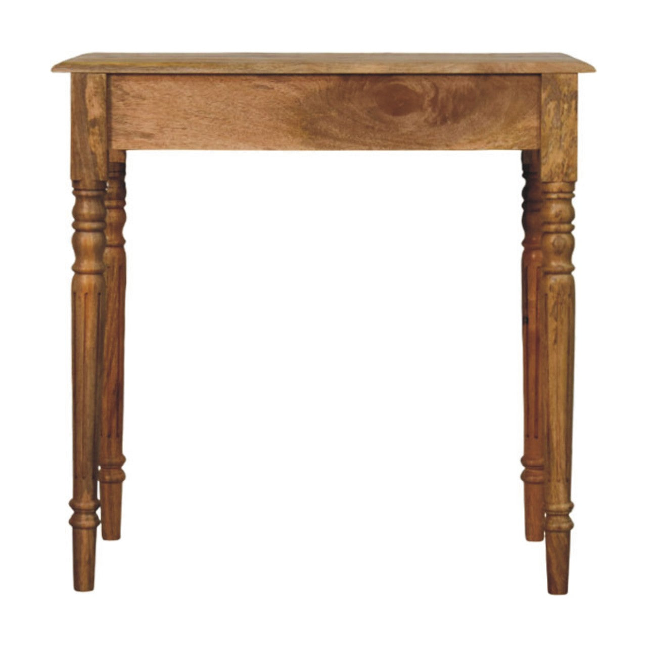 Turned-leg writing desk in solid mango wood, Oak finish – back view