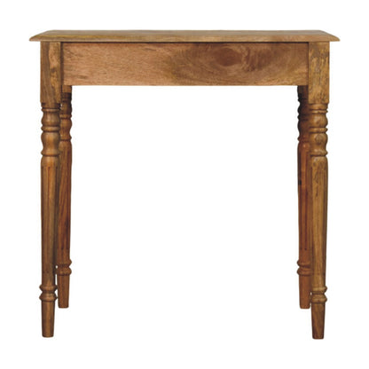 Turned-leg writing desk in solid mango wood, Oak finish – back view