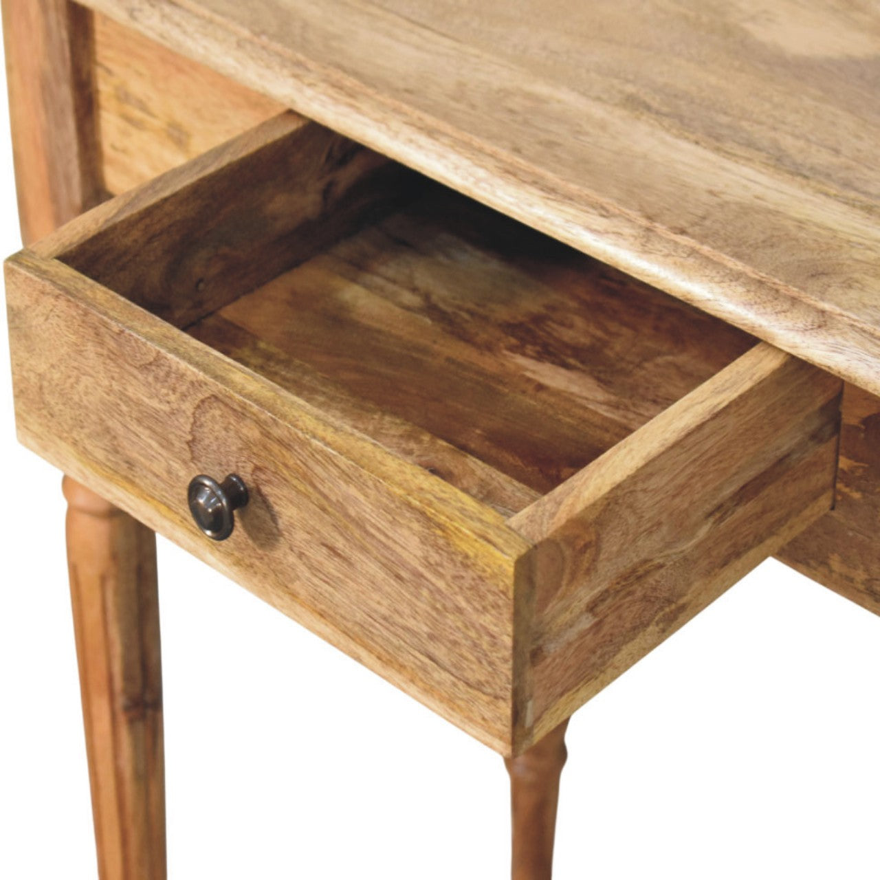 Turned-leg writing desk in solid mango wood, Oak finish – drawer open, close-up upper right