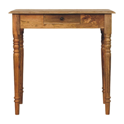Turned-leg writing desk in solid mango wood, Oak finish – front view