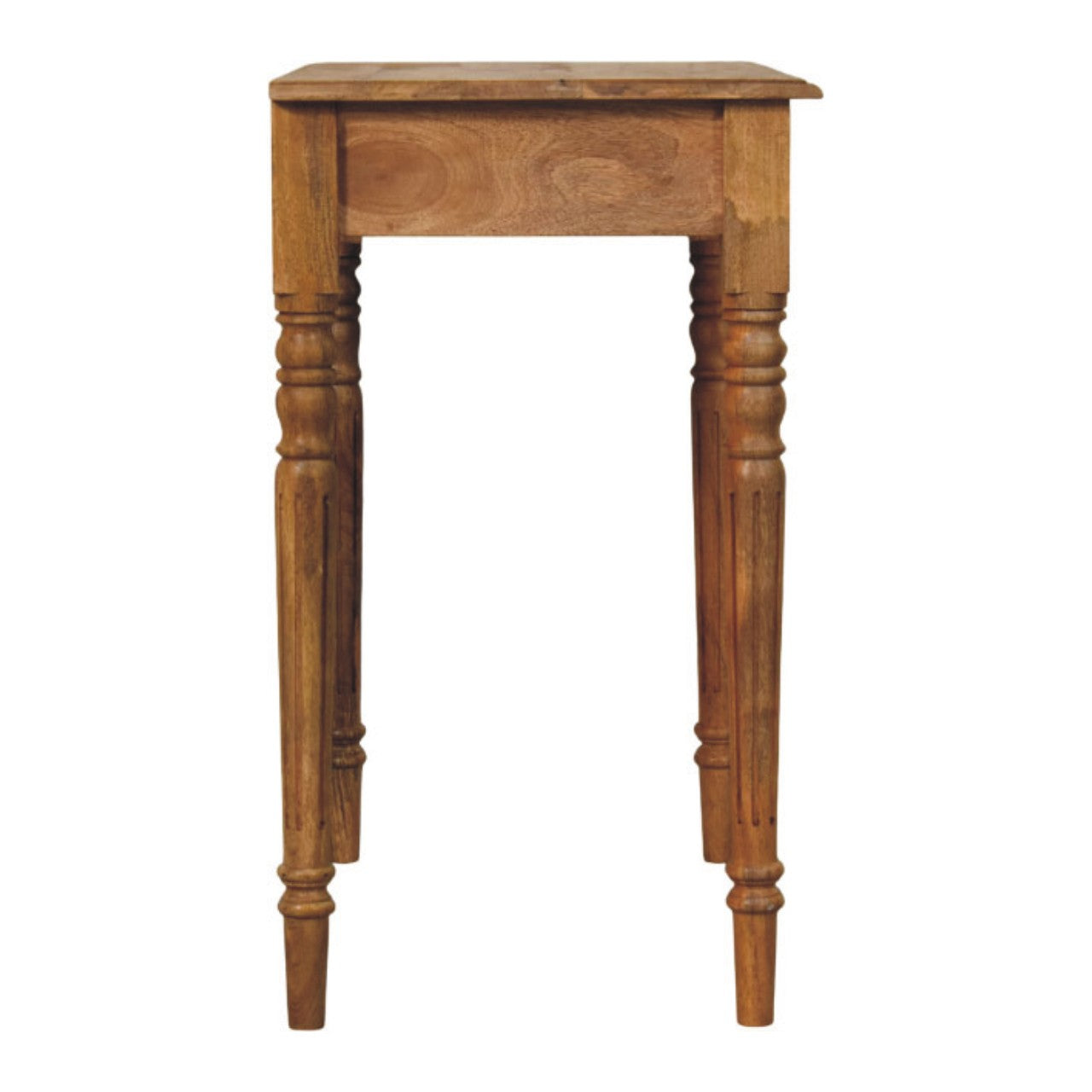 Turned-leg writing desk in solid mango wood, Oak finish – side view