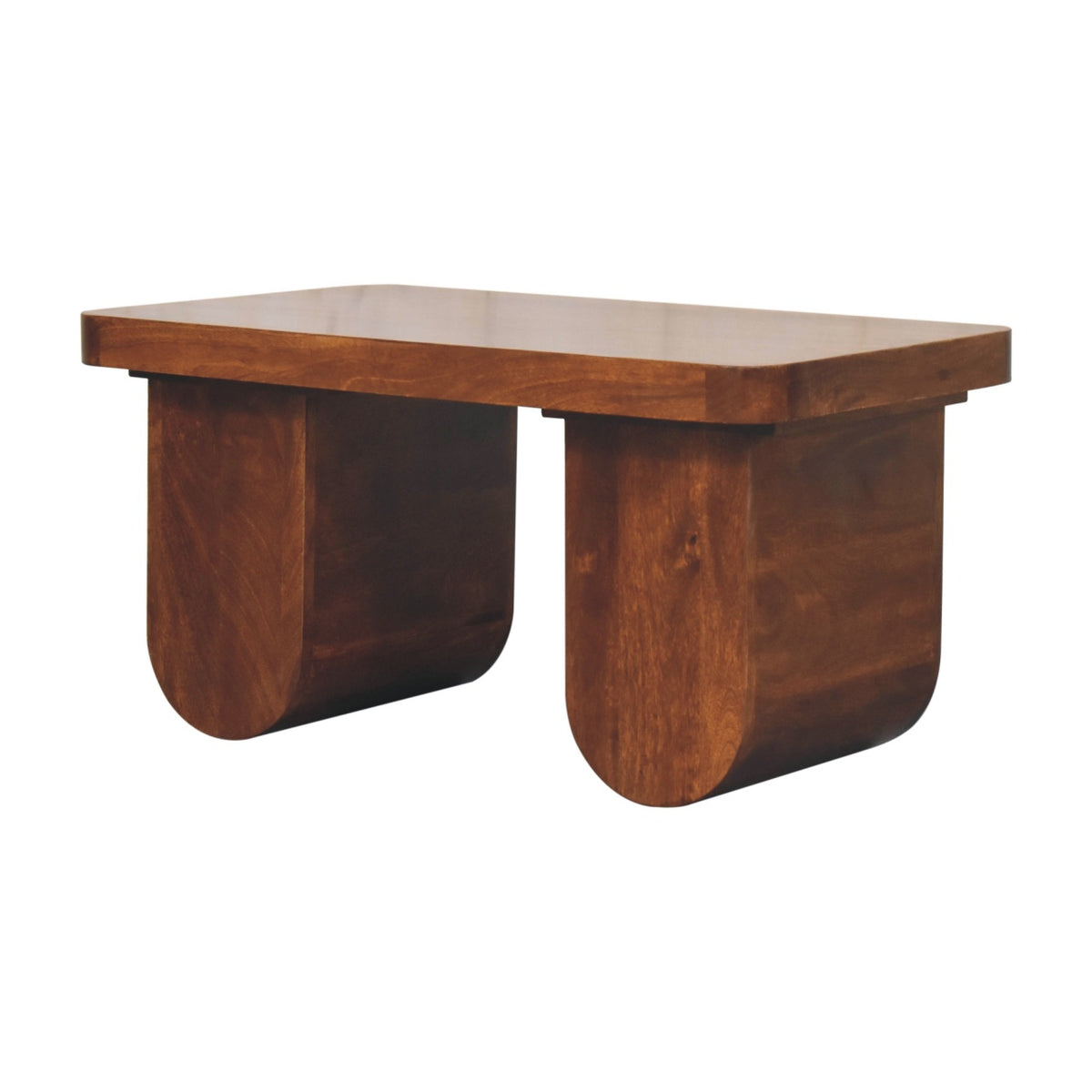 Angled right view of a solid mango wood coffee table in a chestnut finish, highlighting the modern U-shaped leg design.