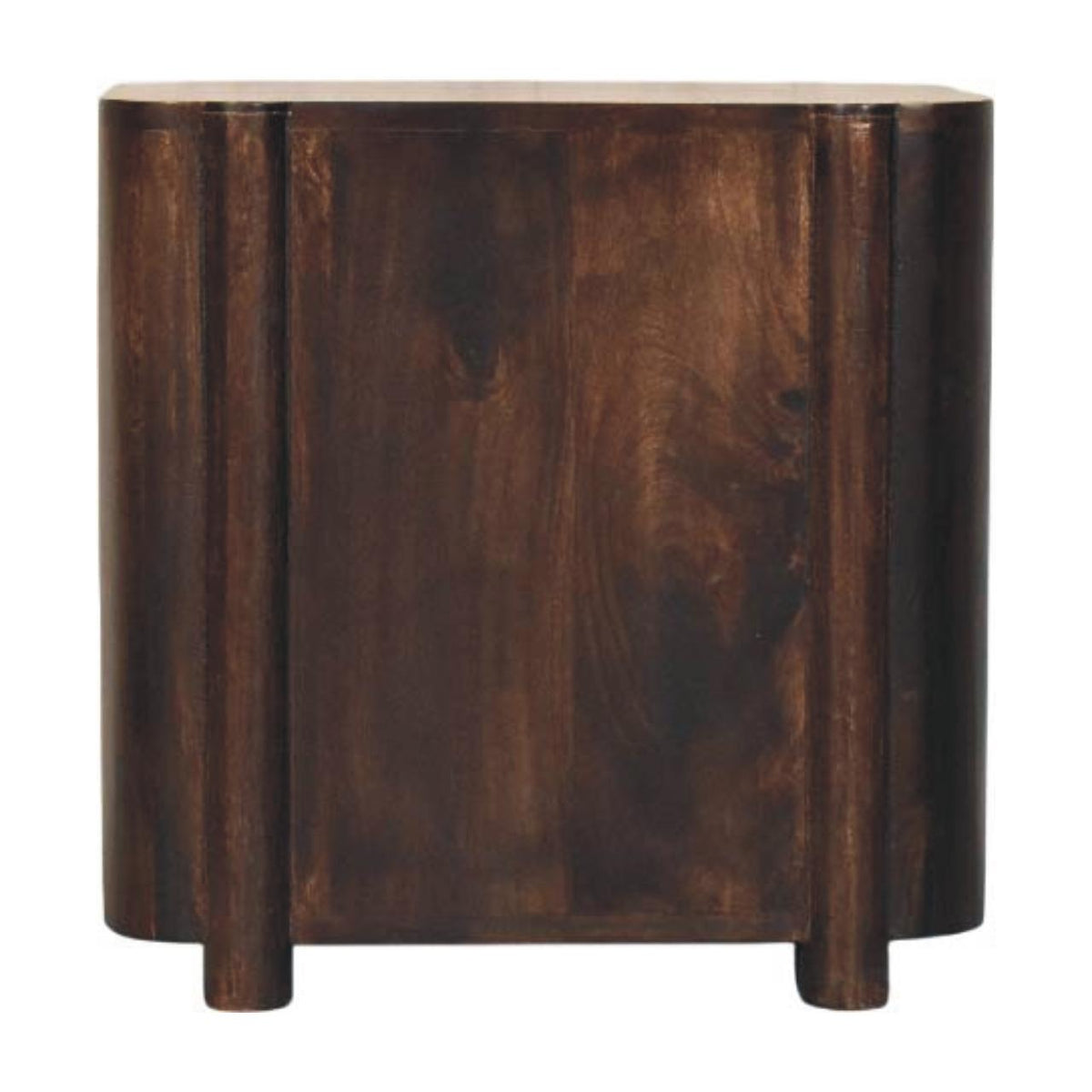 Back view of a velvet mocha solid mango wood 2-drawer bedside table, displaying a flat, solid dark wood back panel.