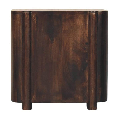 Back view of a velvet mocha solid mango wood 2-drawer bedside table, displaying a flat, solid dark wood back panel.