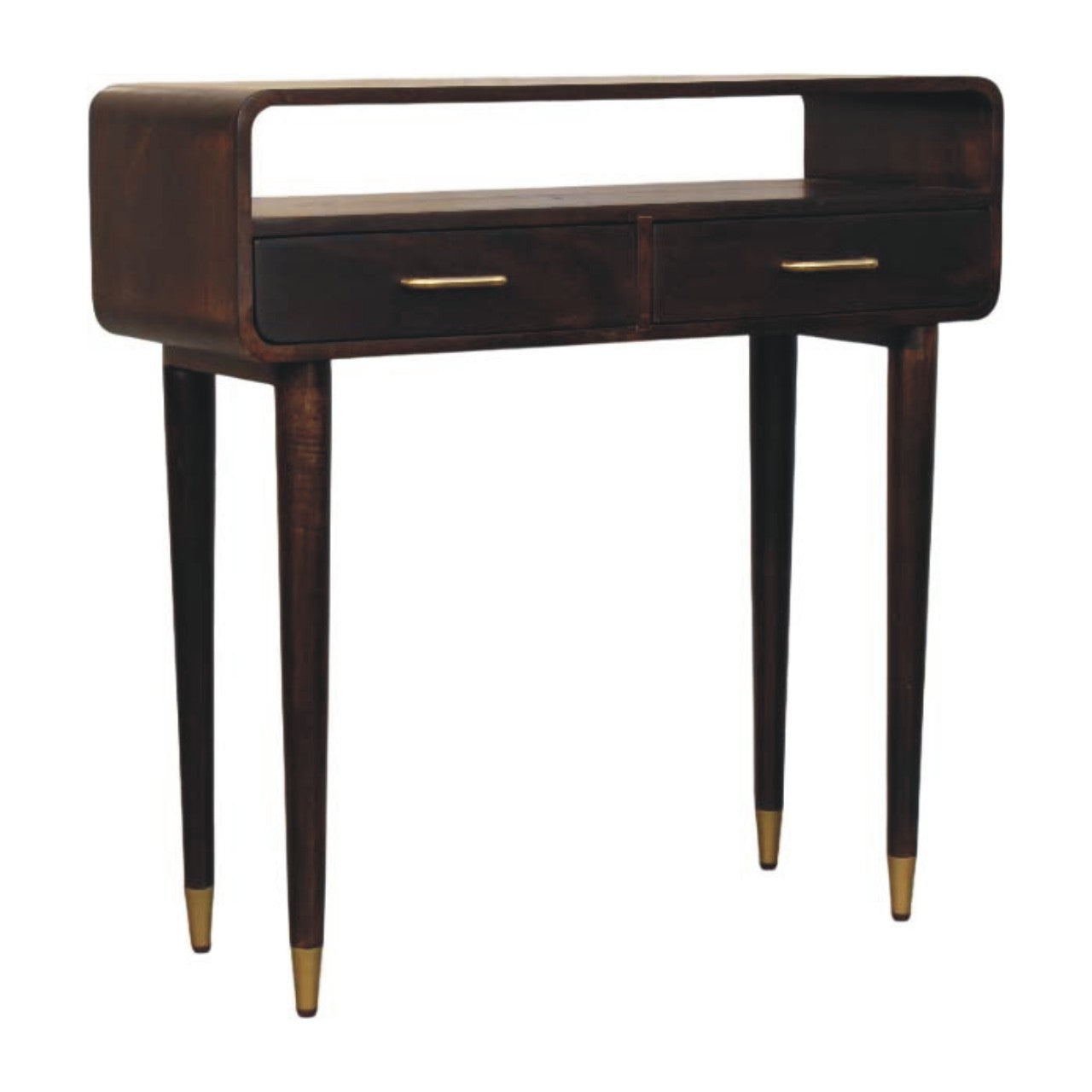 Dark wood console table with gold accents on a white background