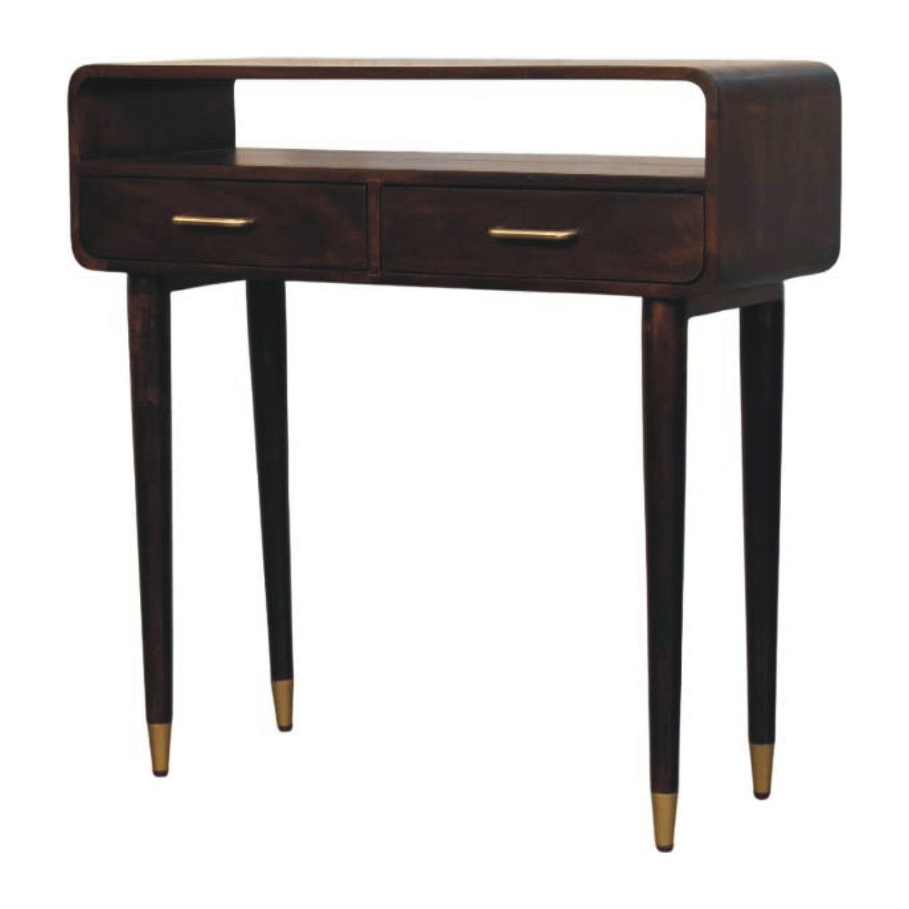 Wooden console table with two drawers on a white background