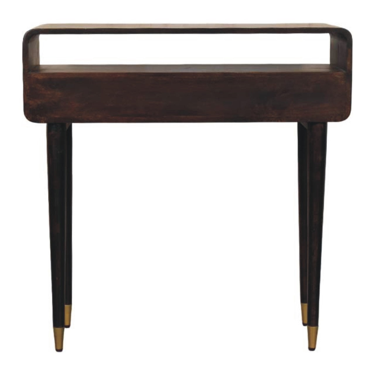Wooden console table with a dark finish on a white background