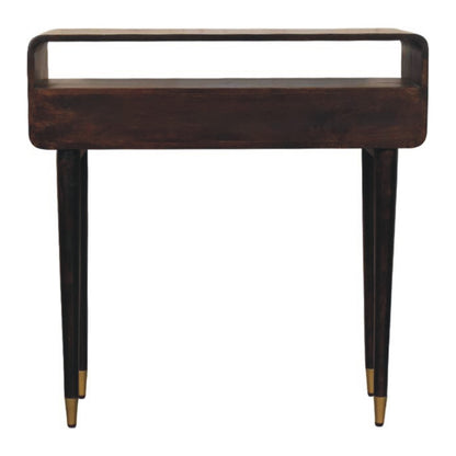 Wooden console table with a dark finish on a white background