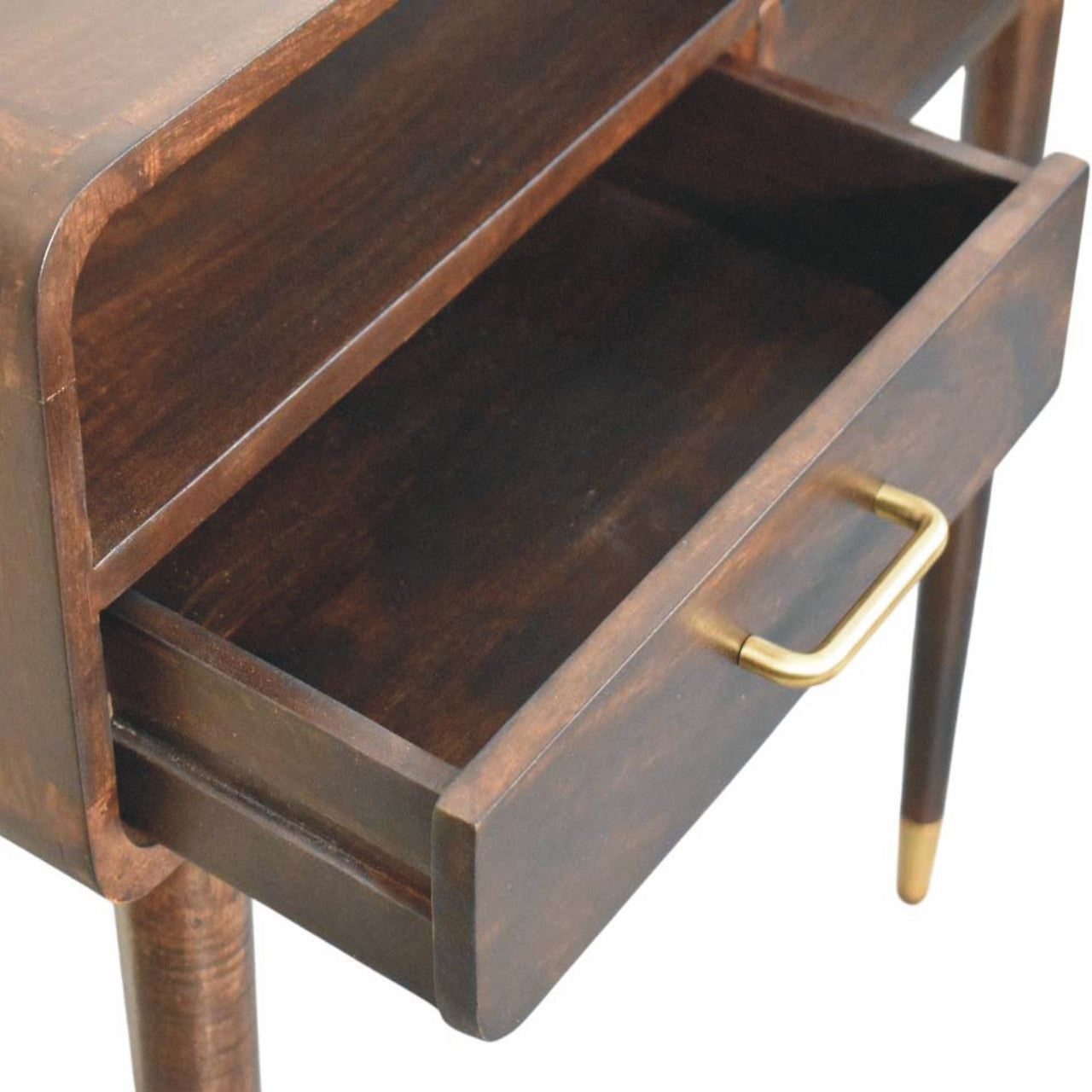 Wooden console table with a drawer and gold handle on a white background