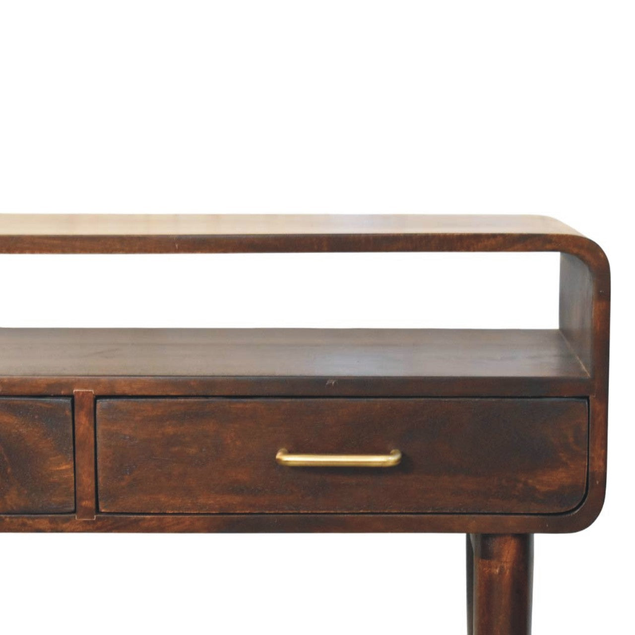 Wooden console table with a single drawer on a white background