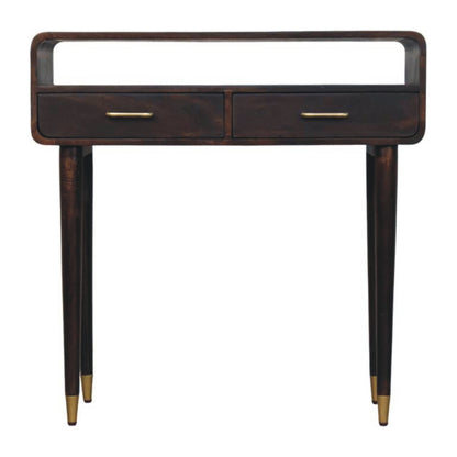 Wooden console table with two drawers and gold accents on a white background