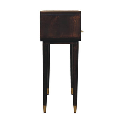 A dark brown wooden console table with a single drawer, four tapered legs, and brass-colored metal feet, shown against a plain white background