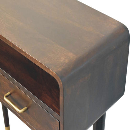 Wooden console table with a drawer and brass handle on a white background