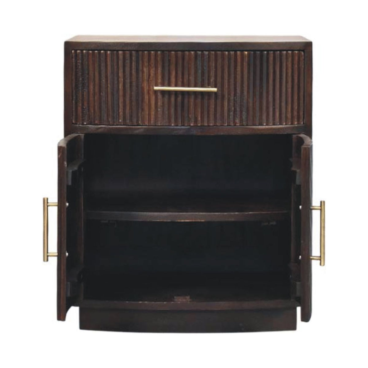 Front view of a velvet mocha fluted bedside table with its two cabinet doors open, revealing a central inner wooden storage shelf.
