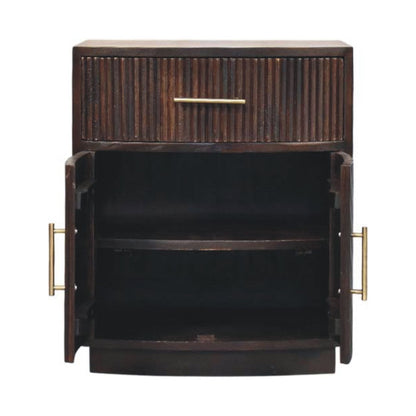 Front view of a velvet mocha fluted bedside table with its two cabinet doors open, revealing a central inner wooden storage shelf.
