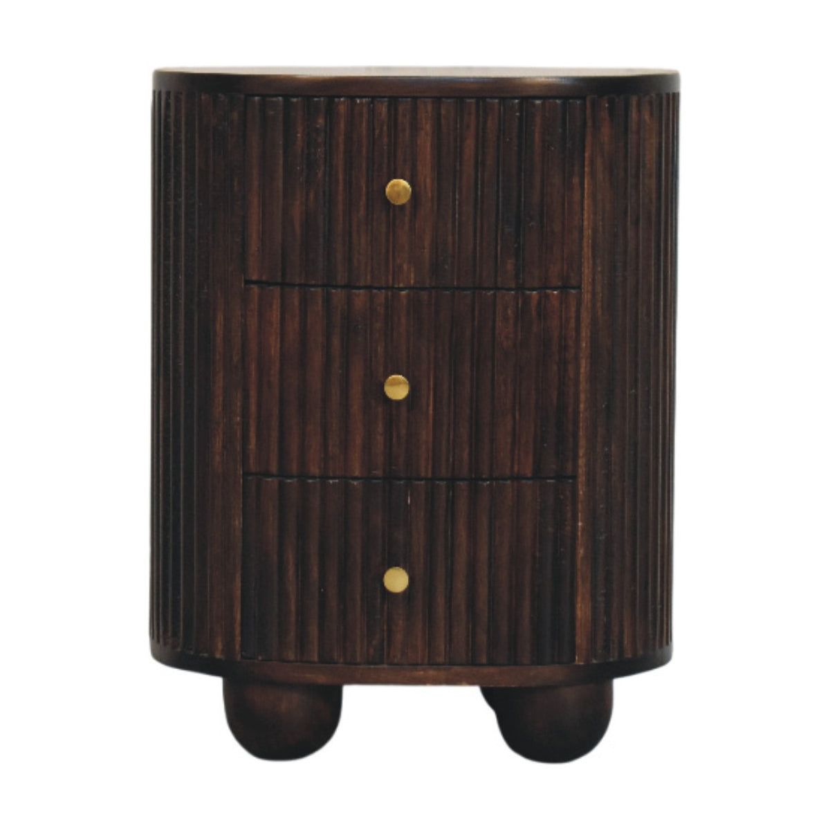 Front view of a solid mango wood curved bedside table in velvet mocha, featuring a vertical fluted texture, three drawers with small brass knobs, and round bun feet.