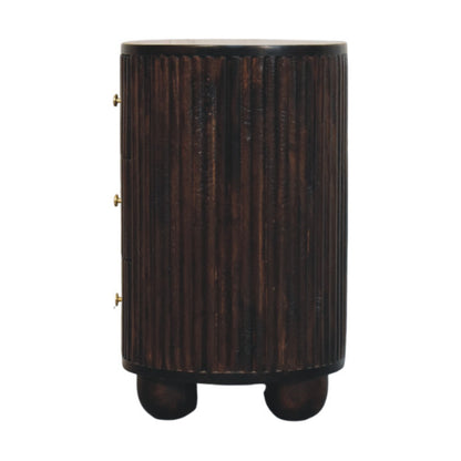 Straight-on side profile view of a curved velvet mocha bedside table, highlighting the continuous fluted texture around the side panel.