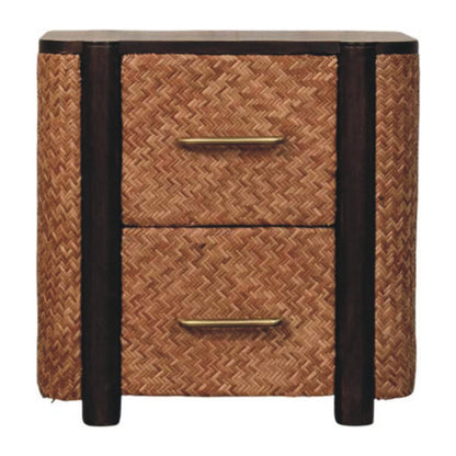 Front view of a 2-drawer bedside table in a velvet mocha finish, featuring woven rattan drawer fronts and side panels separated by rounded solid wood posts.