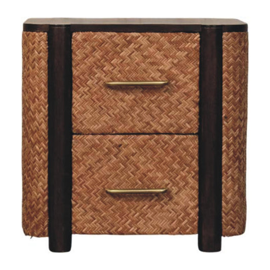 Front view of a 2-drawer bedside table in a velvet mocha finish, featuring woven rattan drawer fronts and side panels separated by rounded solid wood posts.