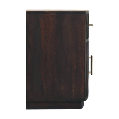 Straight-on side profile view of a fluted bedside table in velvet mocha, showcasing the smooth, flat side panel and curved front layout.