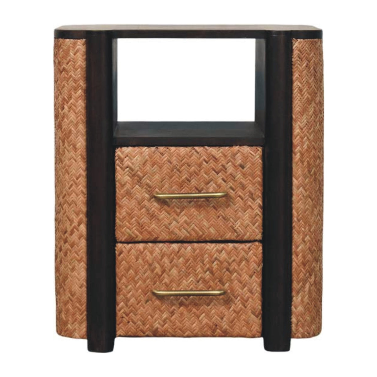 Front view of a solid mango wood bedside table in velvet mocha, featuring an open top shelf and two drawers with woven rattan-style fronts and brass handles.