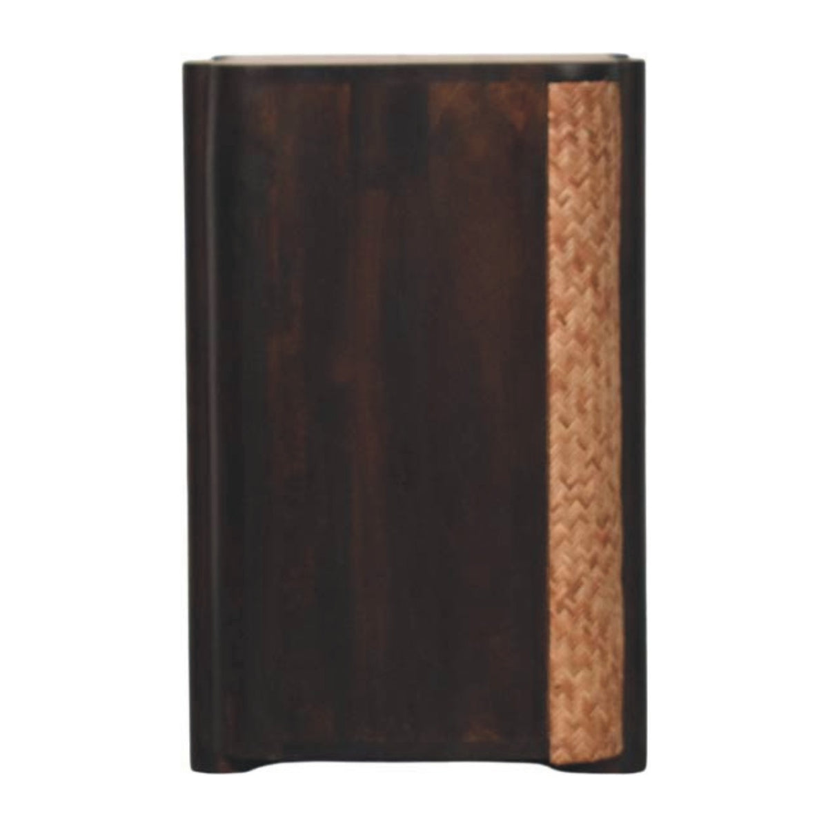 Straight-on side profile view of a woven bedside table in velvet mocha, displaying the solid dark wood side panel.