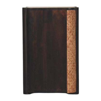 Straight-on side profile view of a woven bedside table in velvet mocha, displaying the solid dark wood side panel.