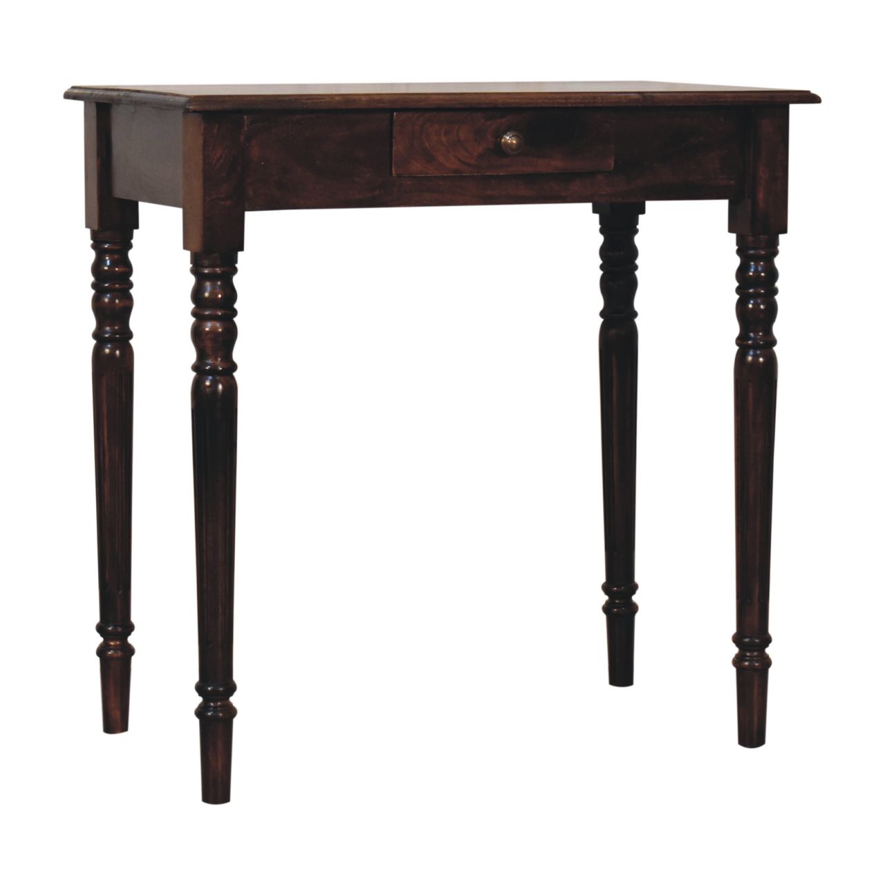 Dark writing desk with a single drawer on a white background