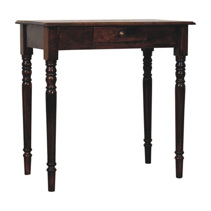 Dark writing desk with a single drawer on a white background