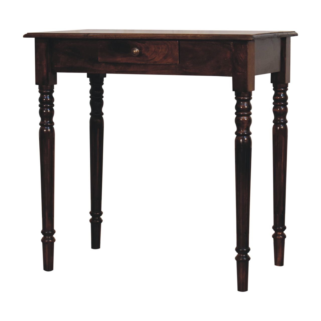 Dark writing desk with a single drawer on a white background