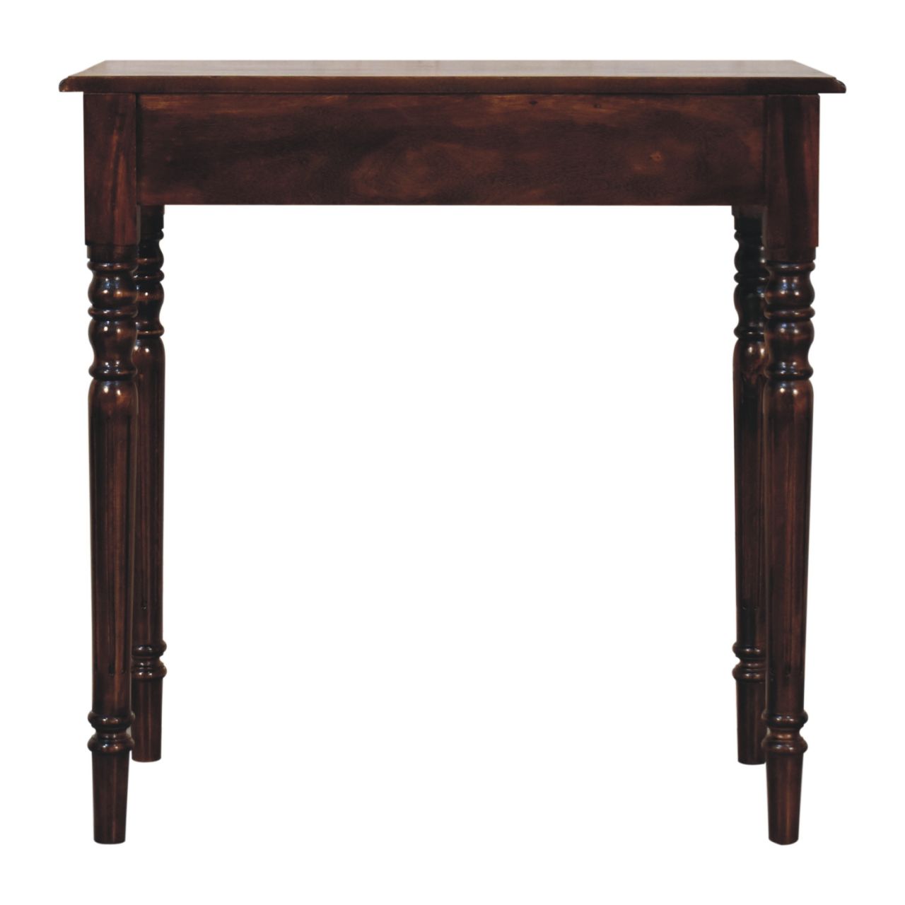 Dark wooden writing desk with turned legs on a white background